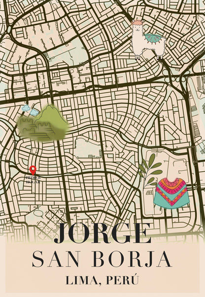 Lámina de mapa vintage personalizado con localizaciones de ciudades y recuerdos de viajes.