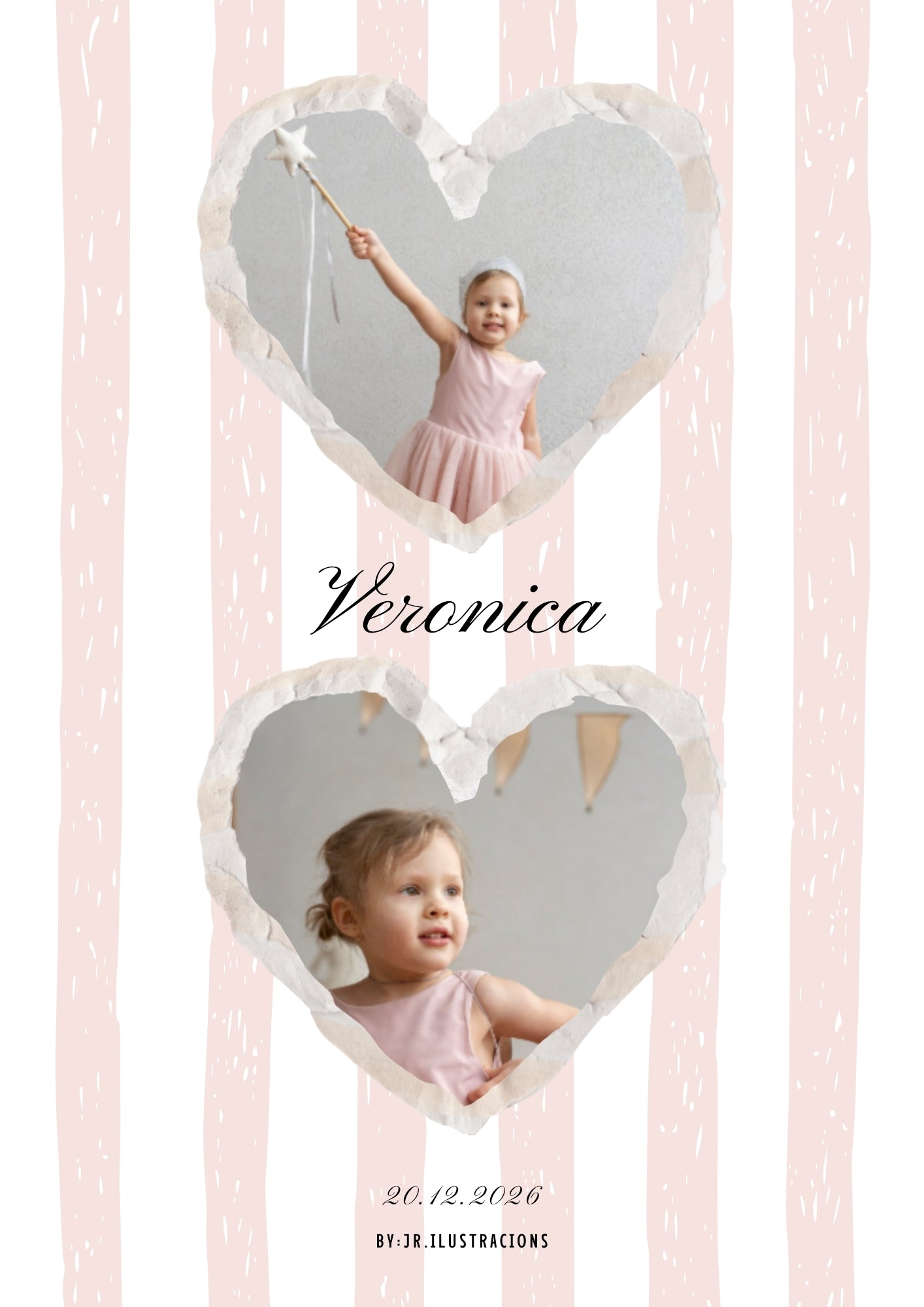 Lámina de nacimiento para niña con fondo de rayas rosa y datos de nacimiento personalizados.