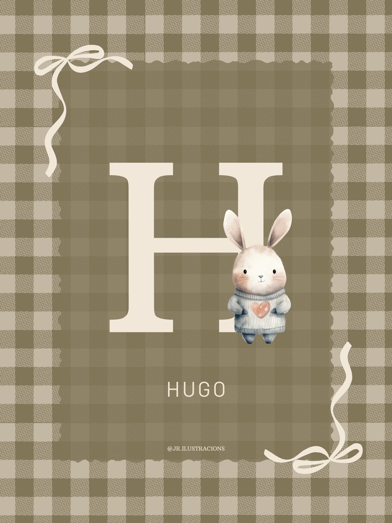 Lámina de nacimiento personalizada con inicial H de Hugo y estampado Vichy verde oliva.