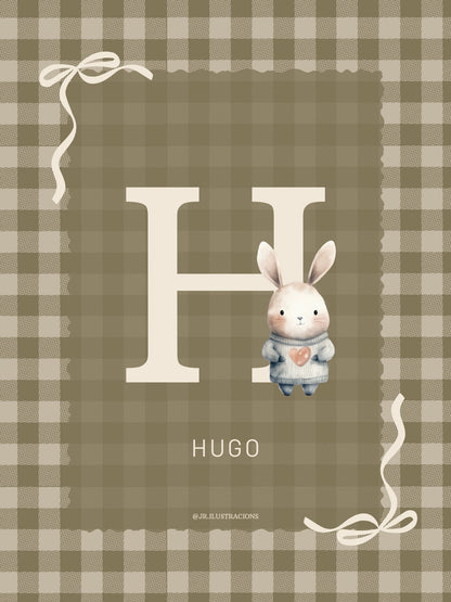 Lámina de nacimiento personalizada con inicial H de Hugo y estampado Vichy verde oliva.