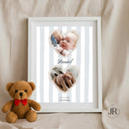 Lámina natalicia personalizada con fotos de bebé y marco blanco de madera para decoración infantil.