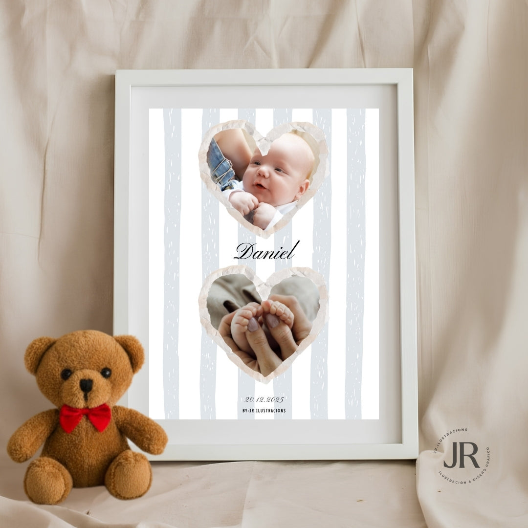 Lámina natalicia personalizada con fotos de bebé y marco blanco de madera para decoración infantil.