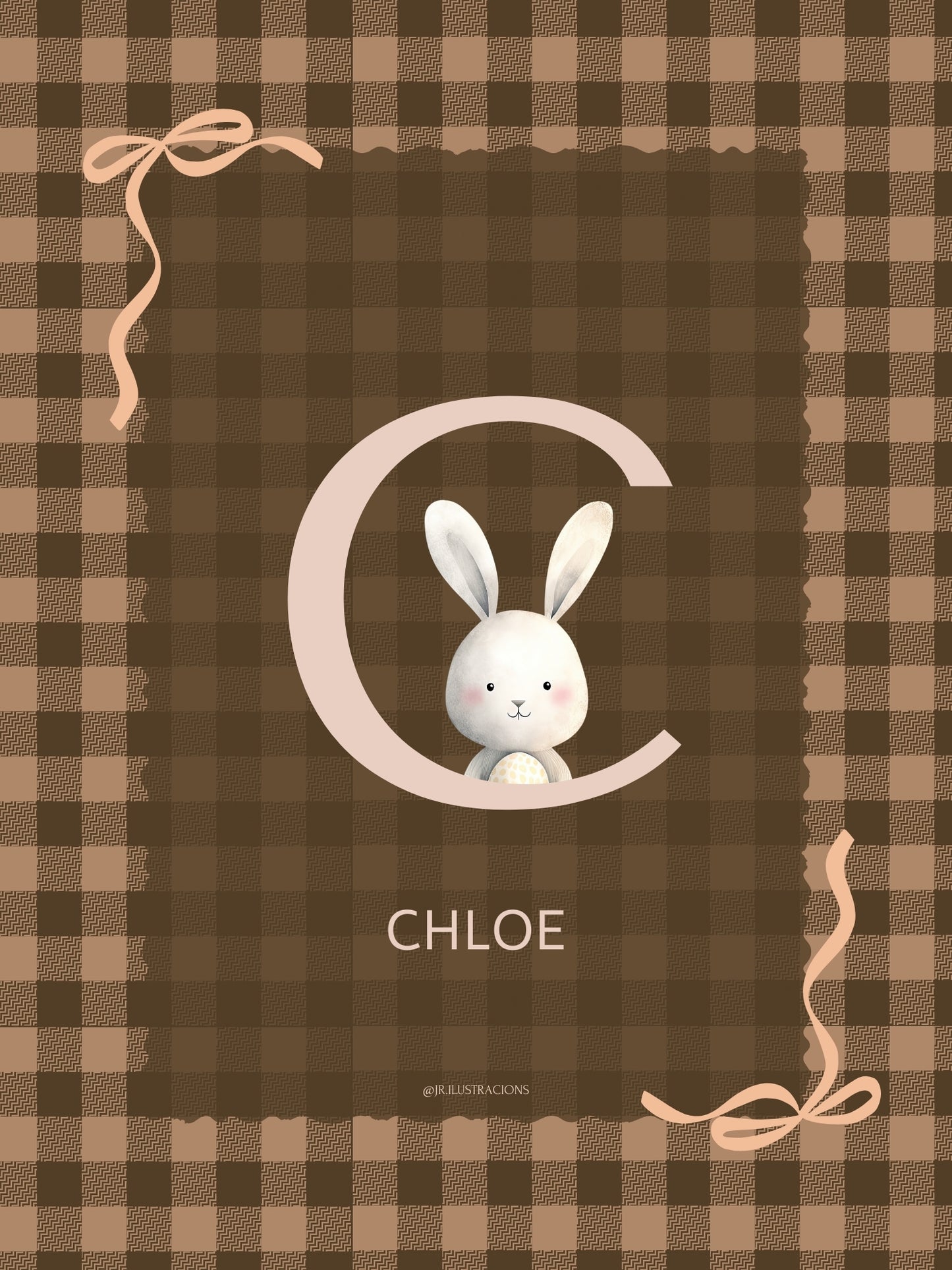 Lámina con nombre de bebé e inicial C de Chloé decorada con conejito y lazo rústico.