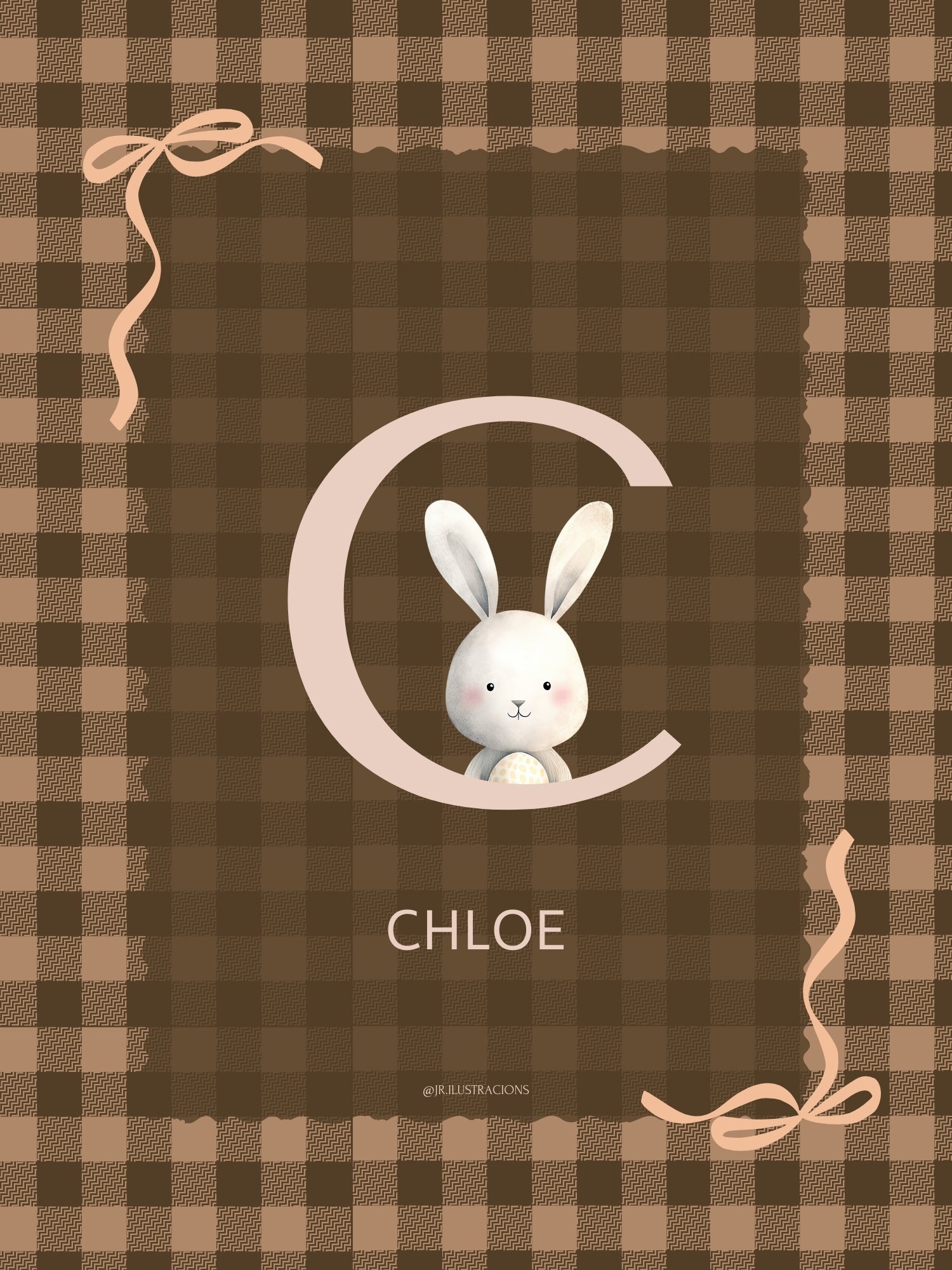 Lámina con nombre de bebé e inicial C de Chloé decorada con conejito y lazo rústico.