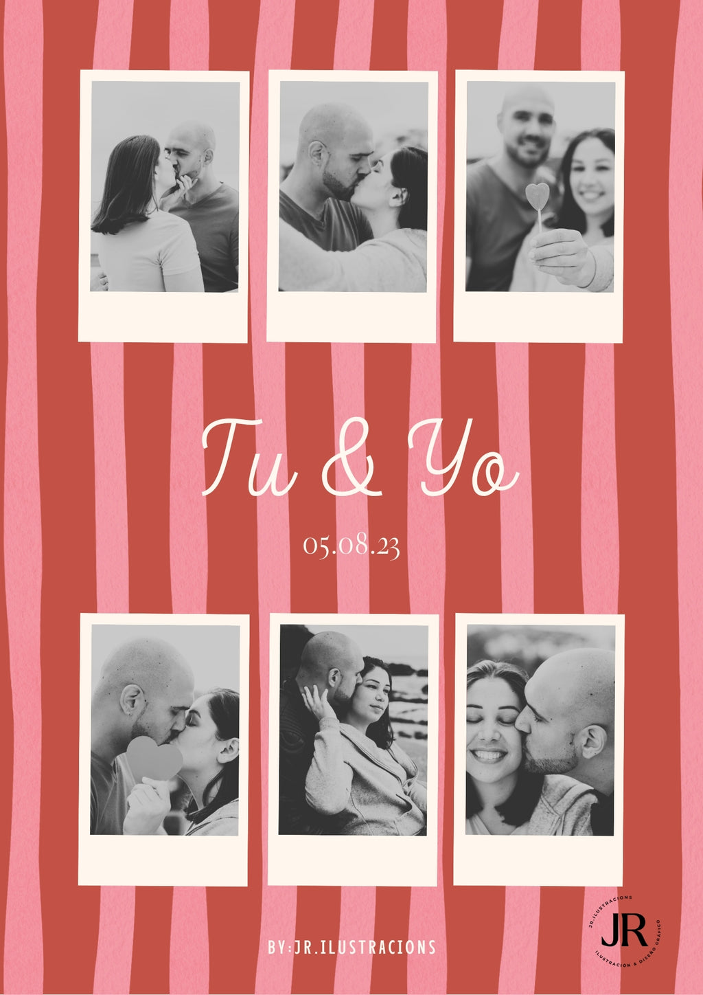 Lámina personalizada para novios con fondo de rayas rojas y tipografía elegante Tú y Yo.