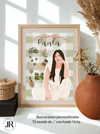 Lámina personalizada El Mundo de con ilustración retrato y pequeños dibujos de sus aficiones sobre fondo Vichy verde.