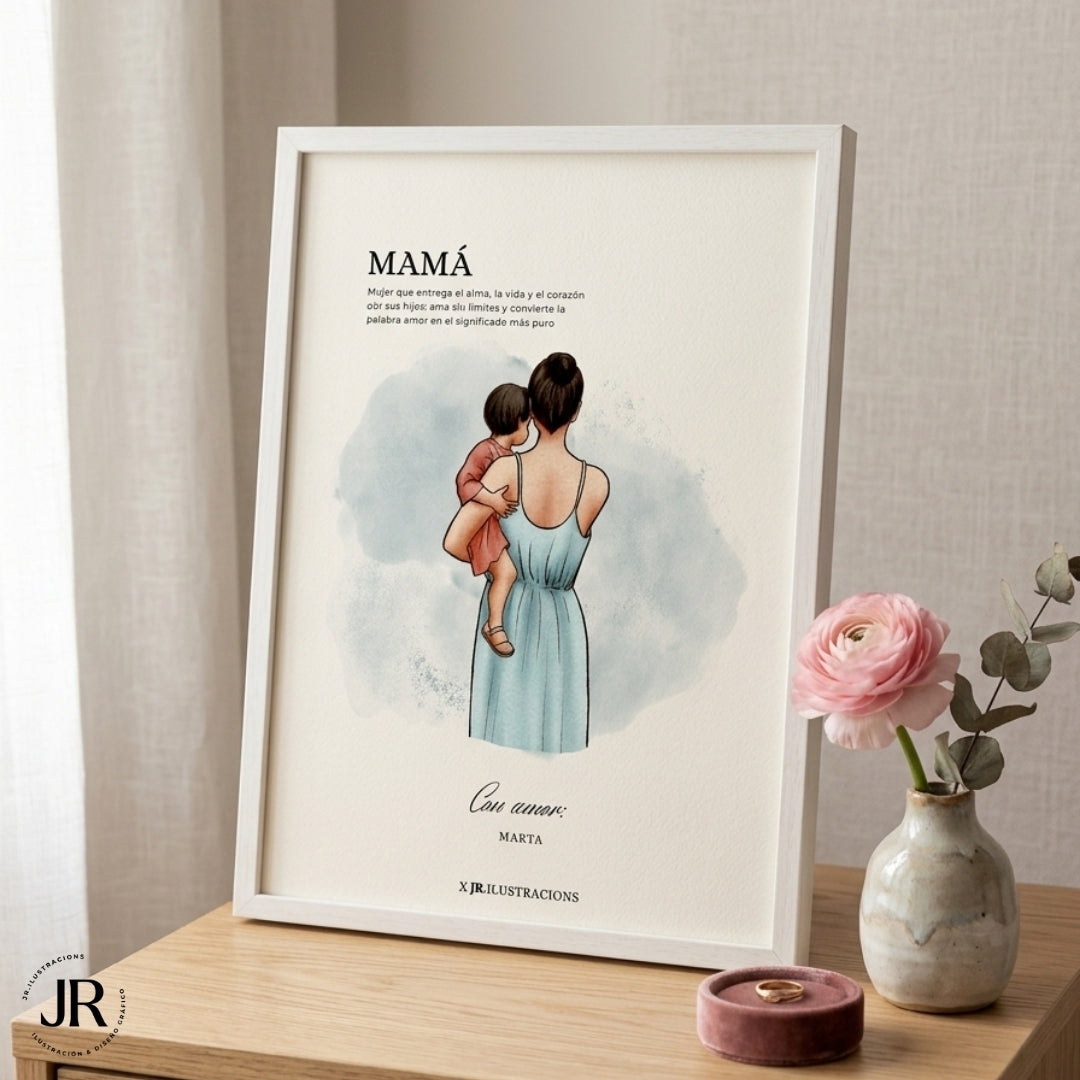 Lámina personalizada Esencia de Madre enmarcada en blanco sobre un mueble con flores de JR.Ilustracions.
