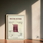 Lámina personalizada Nuestra Historia enmarcada en blanco bajo luz de sol directa ideal para regalo de aniversario.