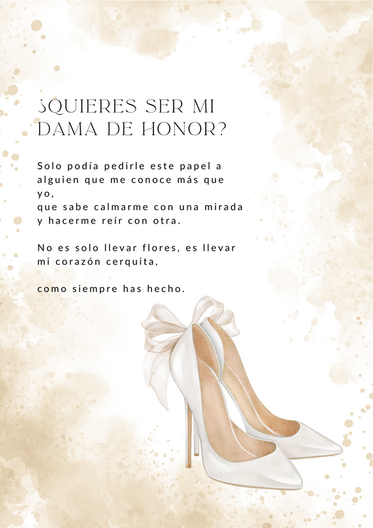 Lámina personalizada para regalo de dama de honor con frase emotiva e ilustración de tacones de novia.