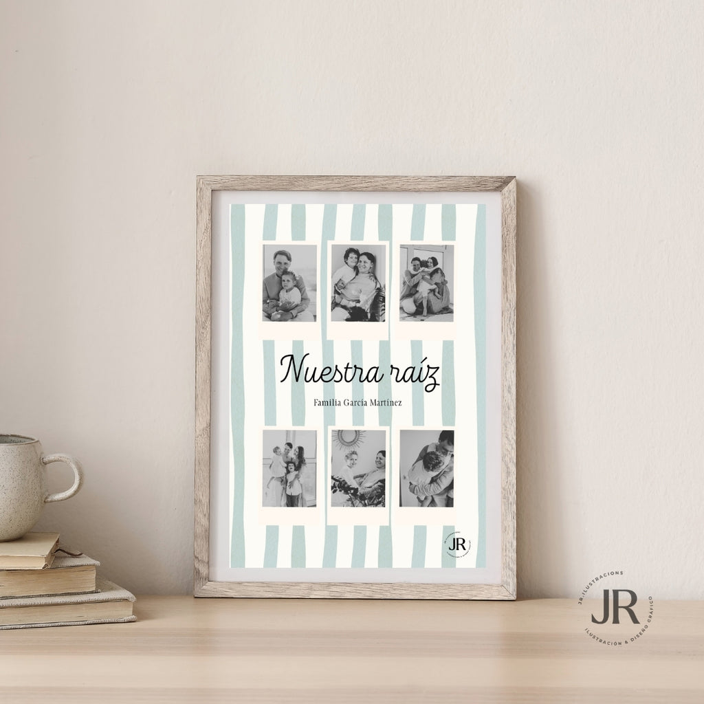 Lámina de recuerdos familiares con fotos estilo Polaroid y marco blanco para regalo del Día de la Madre.
