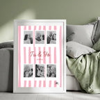 Lámina romántica personalizada con 6 fotos estilo Polaroid y marco blanco ideal para regalo de aniversario.