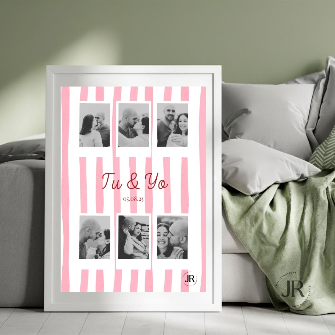 Lámina romántica personalizada con 6 fotos estilo Polaroid y marco blanco ideal para regalo de aniversario.