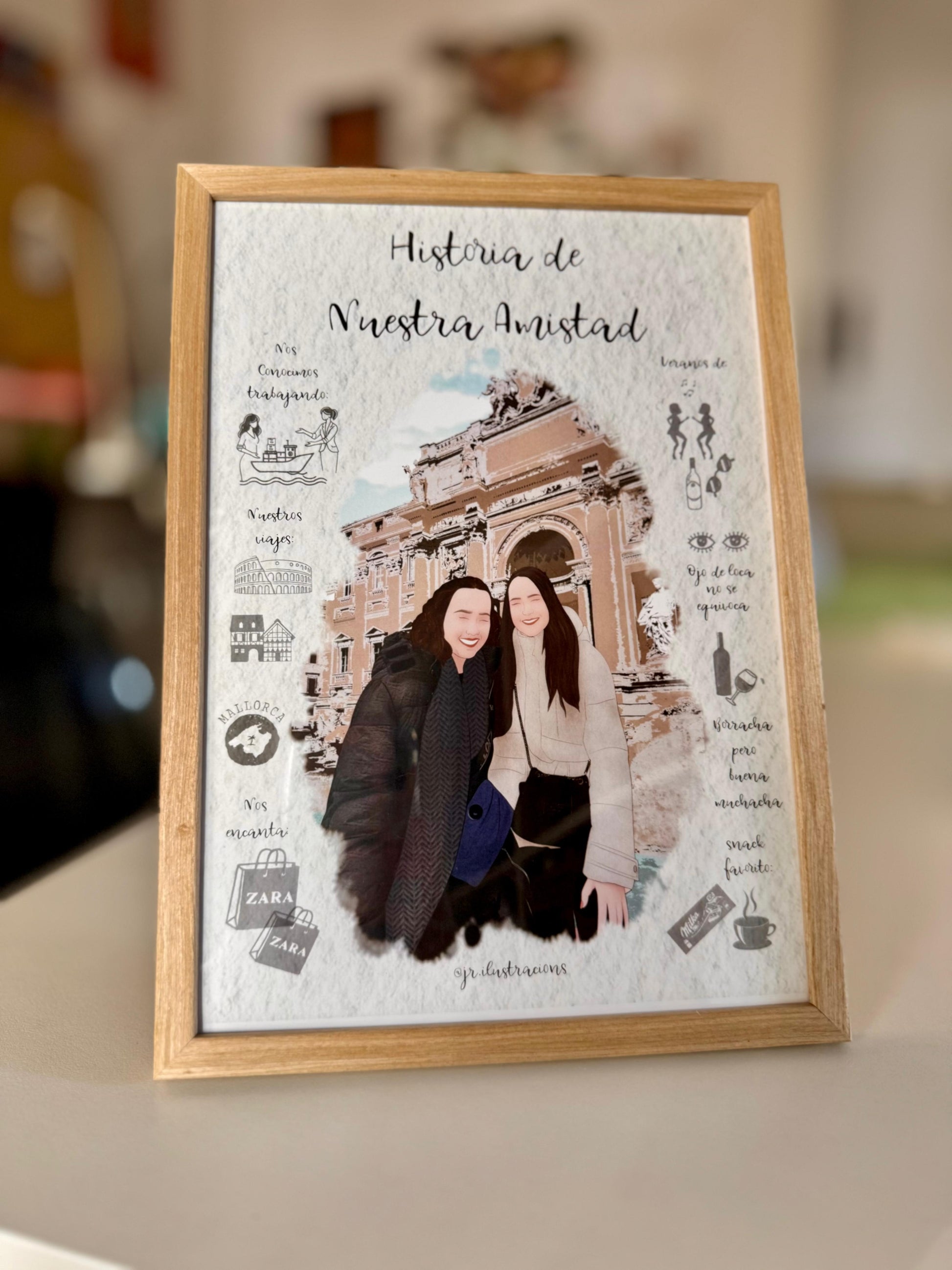 Lámina romántica personalizada con retratos ilustrados de perfil e historia biográfica.