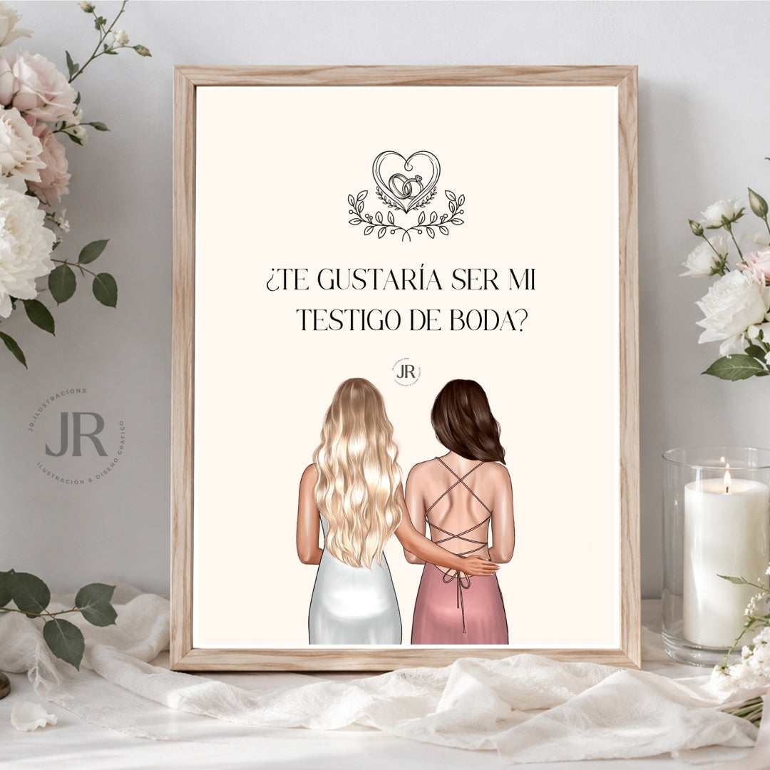 Detalle de lámina ilustrada para testigo de boda con pregunta "¿Quieres ser mi testigo?" y dibujo de dos amigas de espaldas con corona de laurel, ideal para papelería de boda.