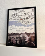 Cuadro con mapa personalizado donde todo comenzó con foto e ilustración para regalo de aniversario.