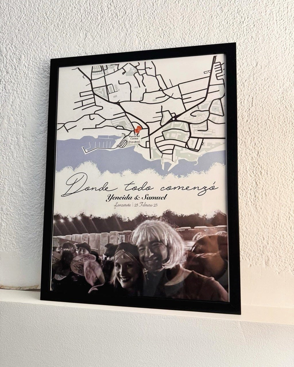 Cuadro con mapa personalizado donde todo comenzó con foto e ilustración para regalo de aniversario.