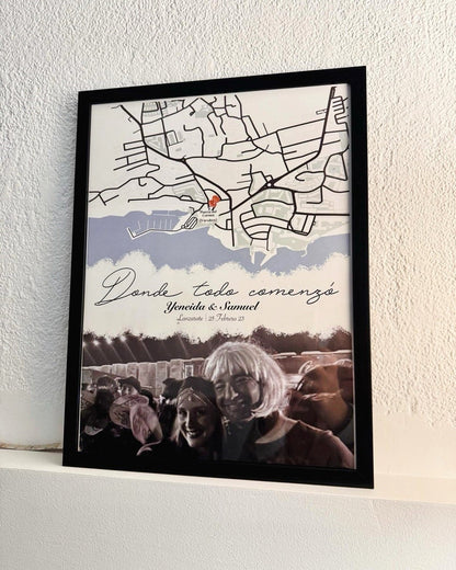 Cuadro con mapa personalizado donde todo comenzó con foto e ilustración para regalo de aniversario.