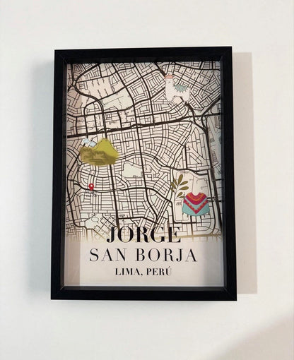 Mapa de localización personalizado en formato físico con marco negro para regalar a tu pareja.