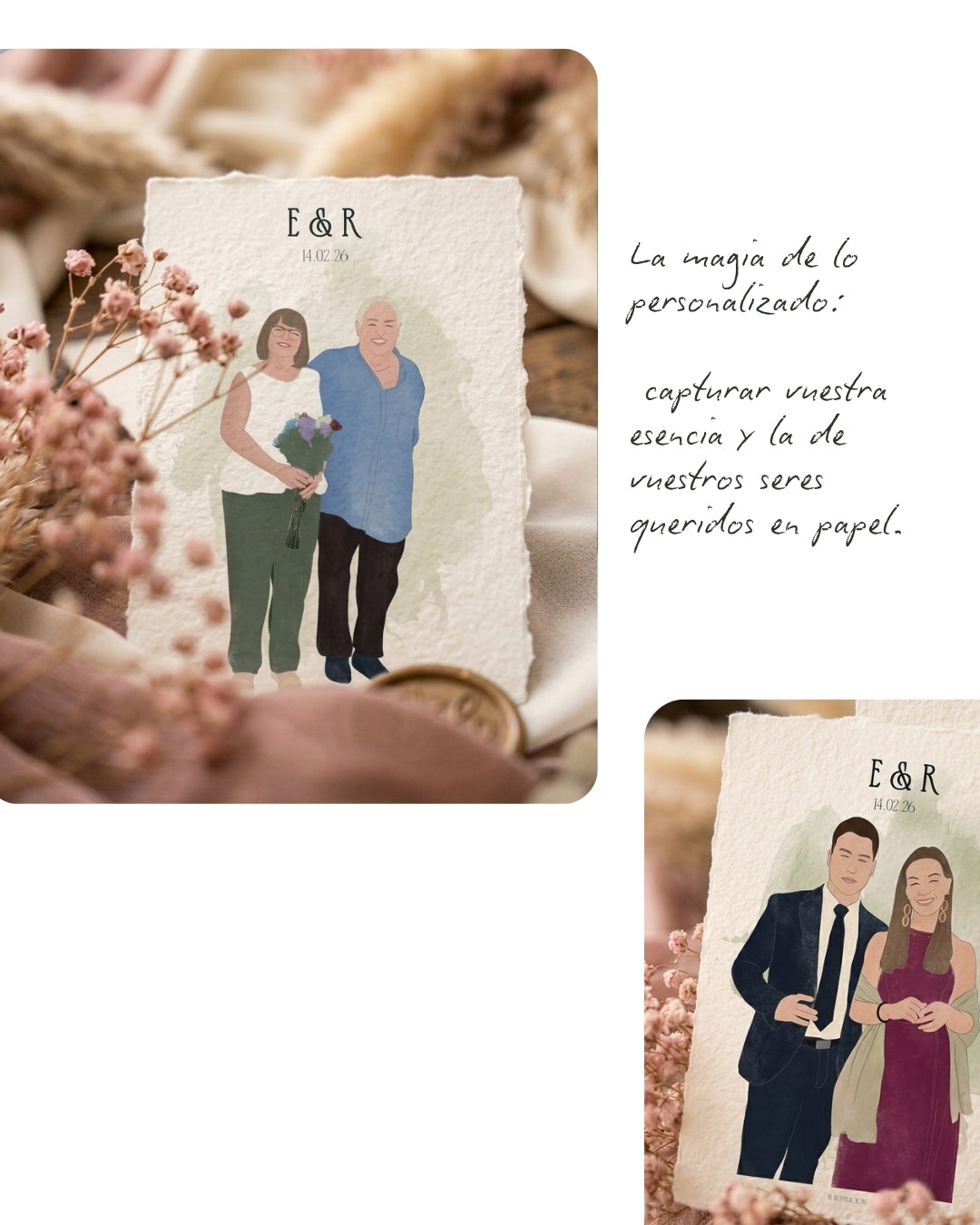 Mini recuerdo ilustrado personalizado para invitados de boda con papel artesanal de bordes rasgados.