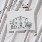 Tarjeta de minuta de menú nupcial impresa con el dibujo lineal a plumilla digital de la fachada de una finca de bodas.