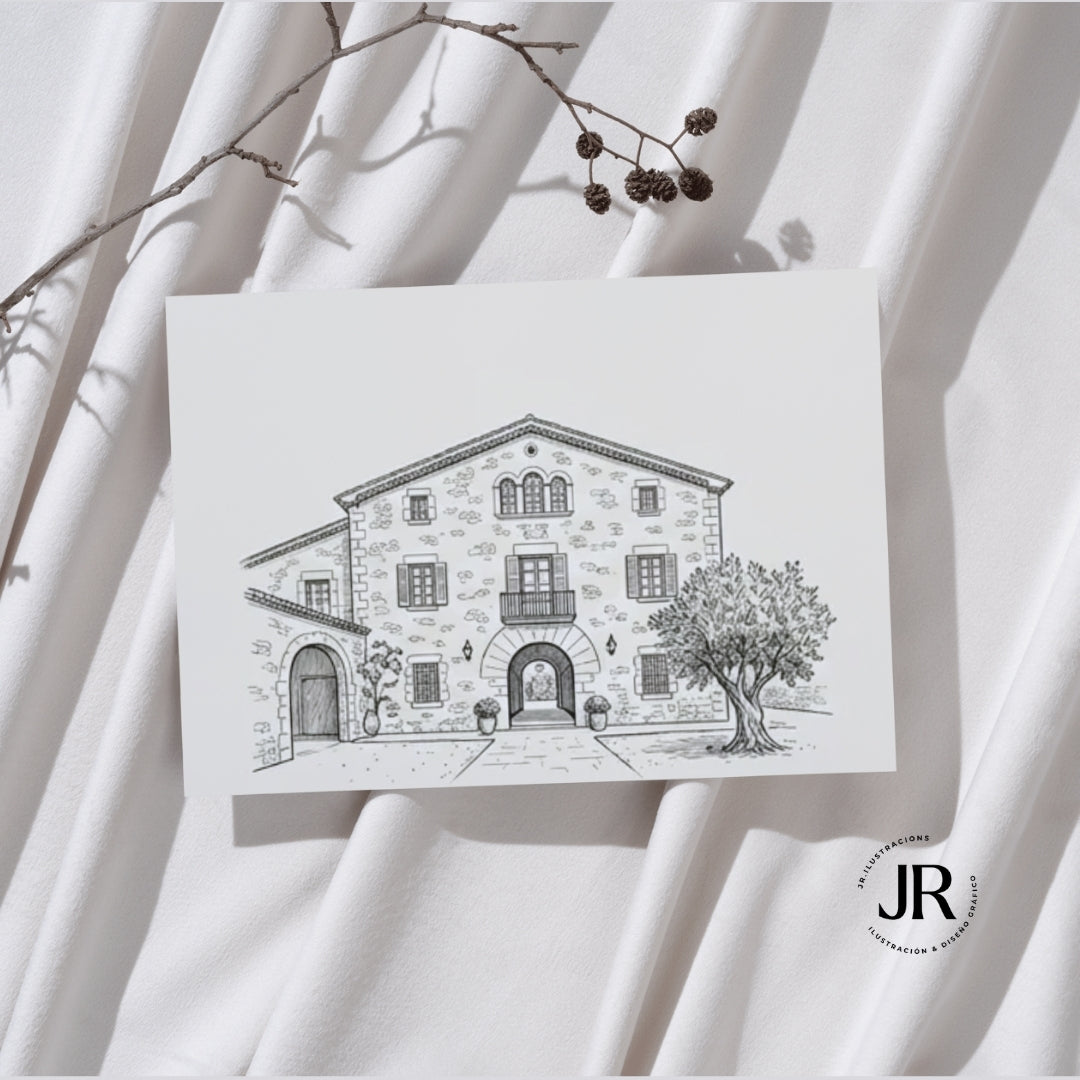 Tarjeta de minuta de menú nupcial impresa con el dibujo lineal a plumilla digital de la fachada de una finca de bodas.