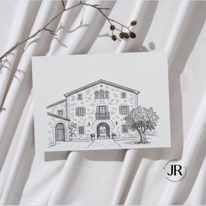 Tarjeta de minuta de menú nupcial impresa con el dibujo lineal a plumilla digital de la fachada de una finca de bodas.