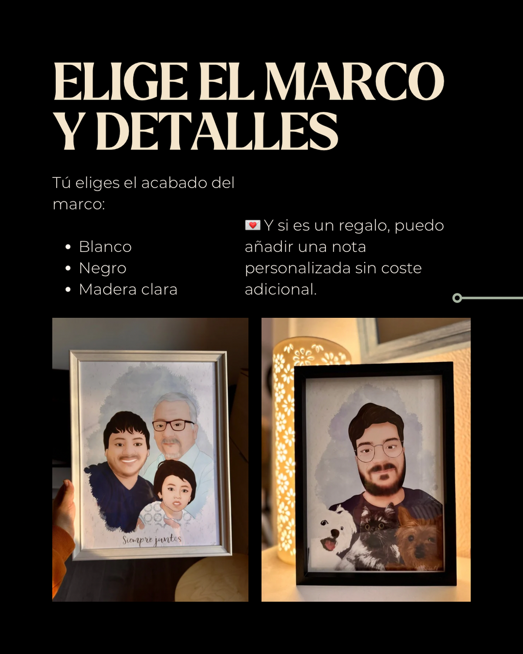 Muestrario visual de acabados de marcos en madera clara negro y blanco para la ilustración personalizada.