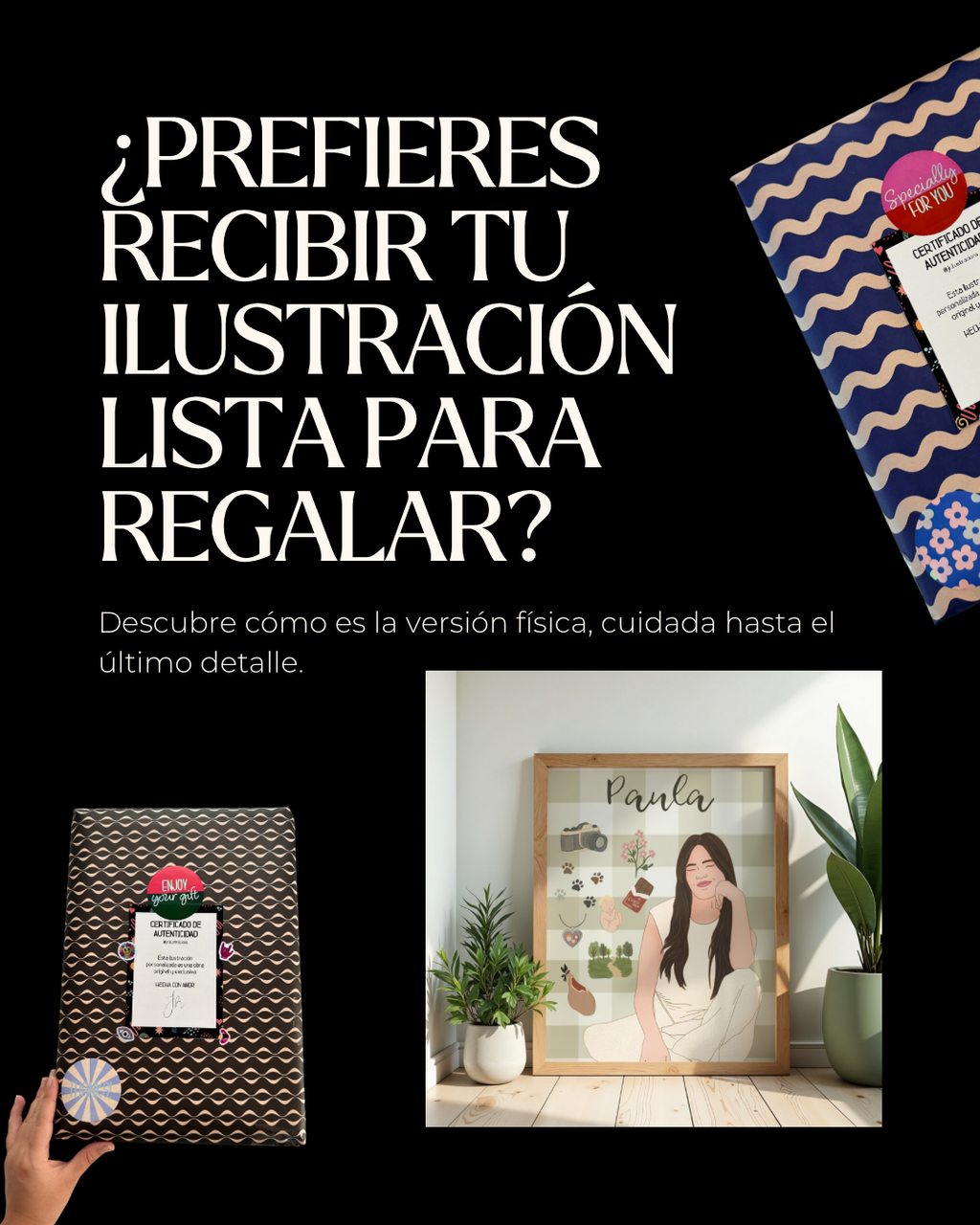 Opciones de empaquetado para regalo listo para entregar de los cuadros físicos de JR.Ilustracions.