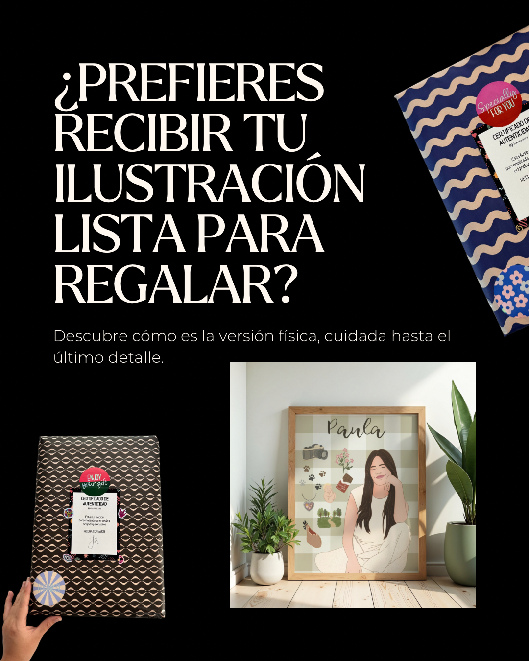 Opciones de empaquetado para regalo listo para entregar de los cuadros físicos de JR.Ilustracions.