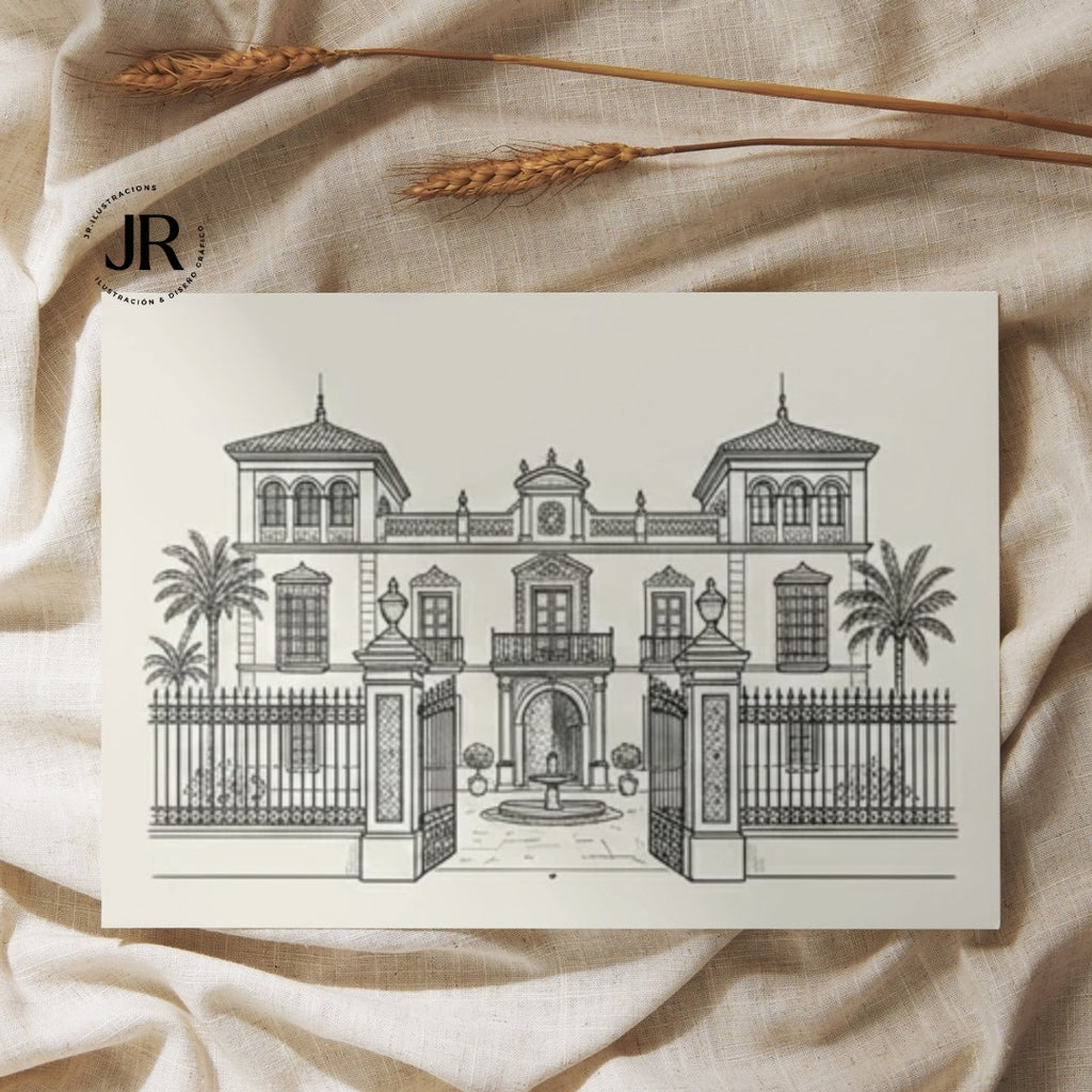 Conjunto de papelería de bodas con sobres artesanales, mapas e invitaciones que incorporan ilustraciones arquitectónicas personalizadas.