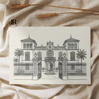 Conjunto de papelería de bodas con sobres artesanales, mapas e invitaciones que incorporan ilustraciones arquitectónicas personalizadas.