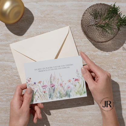 Papelería de boda premium, tarjeta de recuerdo para invitados formato 13x18 cm con acuarelas botánicas.