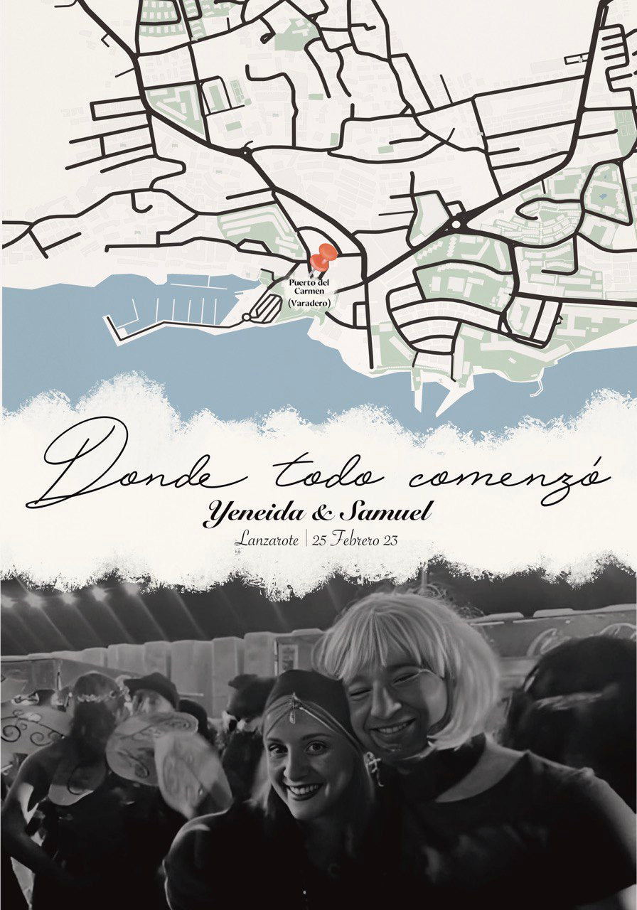 Plantilla digital para cuadro con mapa y fotografía personalizada de recuerdo especial.
