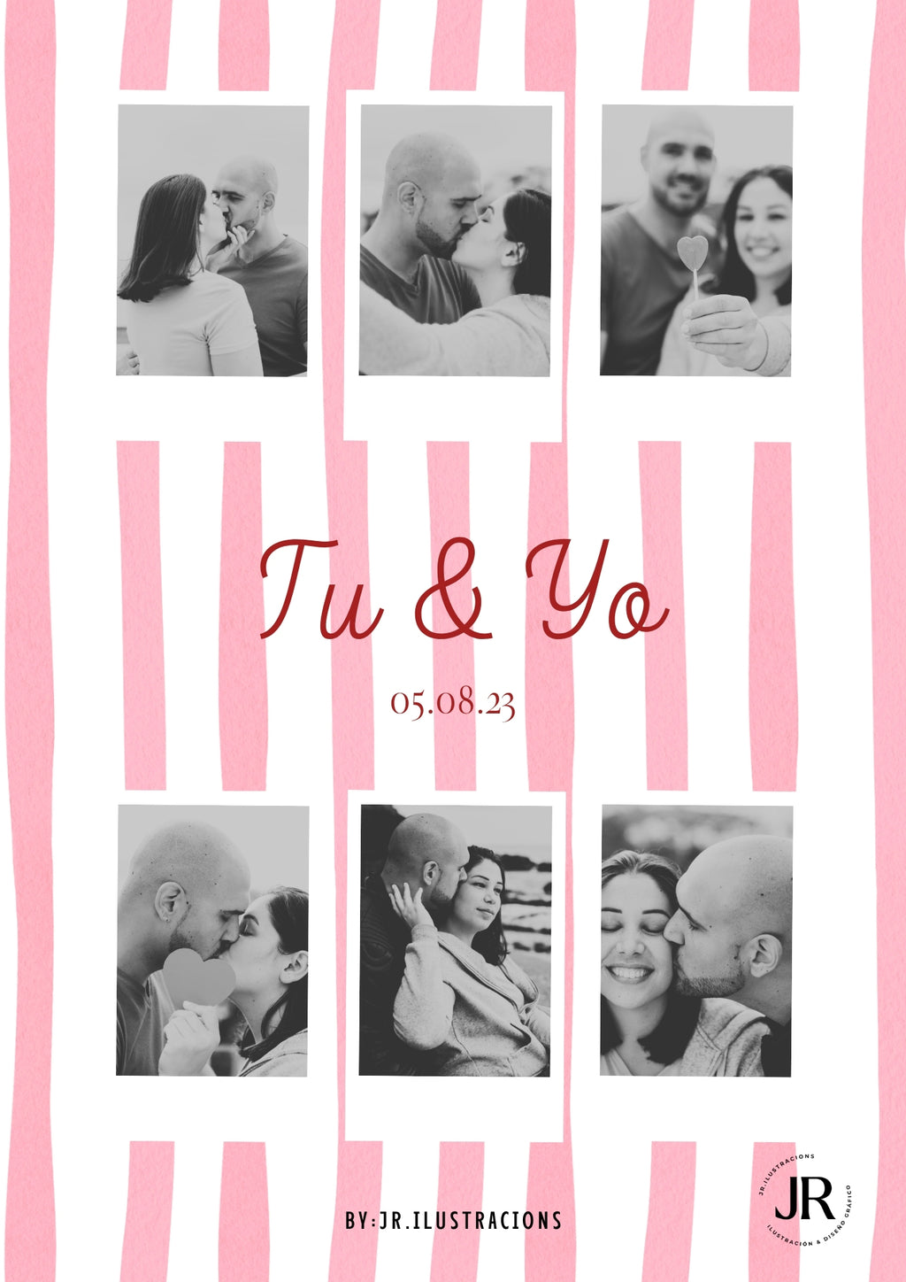 Diseño de póster de amor personalizado con fondo de rayas rosa y seis fotografías familiares.