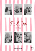 Diseño de póster de amor personalizado con fondo de rayas rosa y seis fotografías familiares.