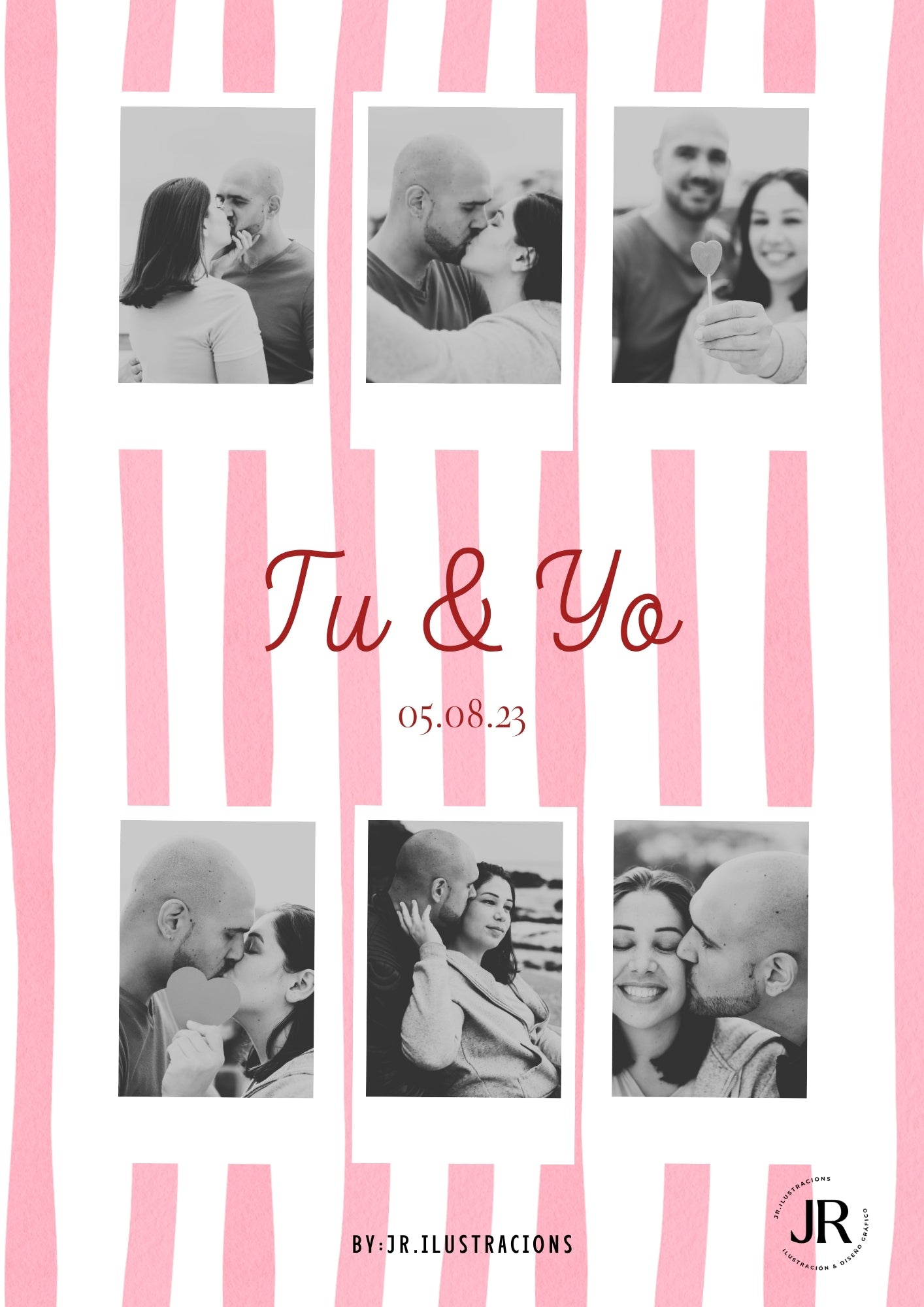 Diseño de póster de amor personalizado con fondo de rayas rosa y seis fotografías familiares.