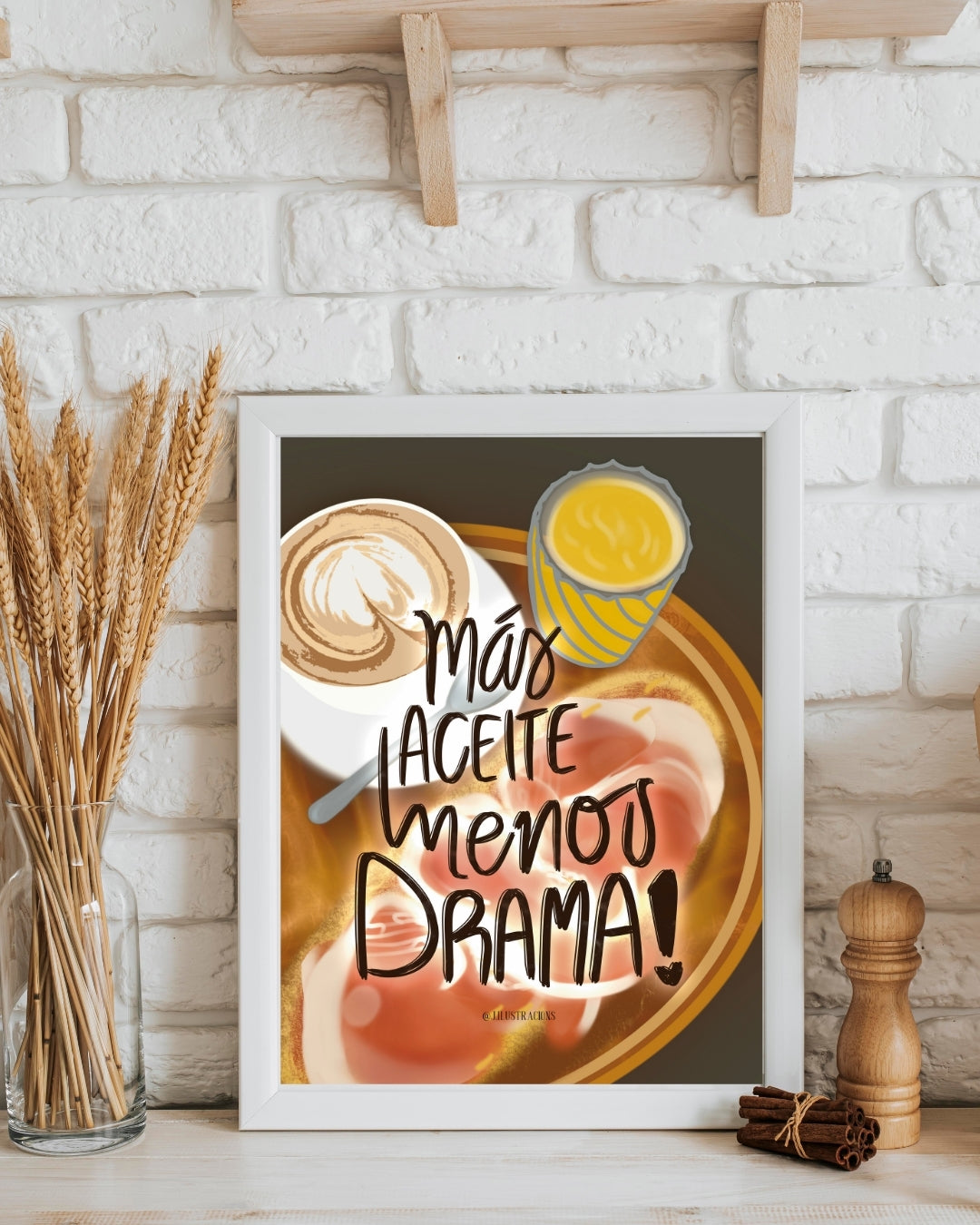 Póster decorativo para cocina moderna o rincón del café en estante blanco con pared de ladrillo.