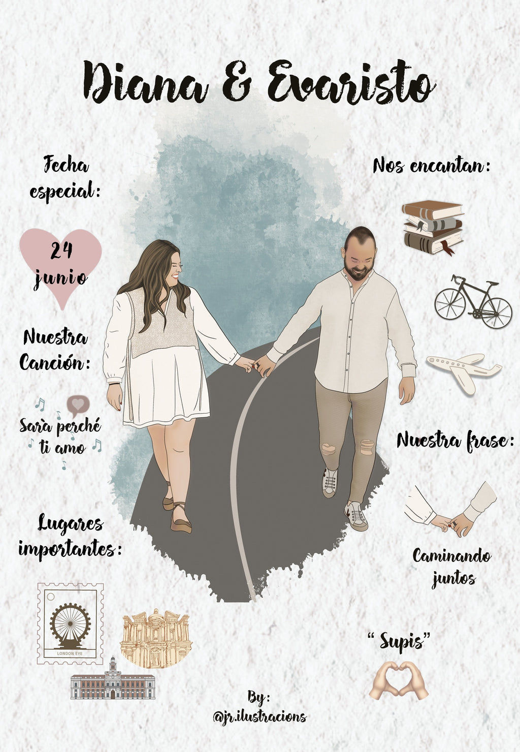 Póster digital personalizado de historia de amor de montaña con fechas e iconos de aficiones.