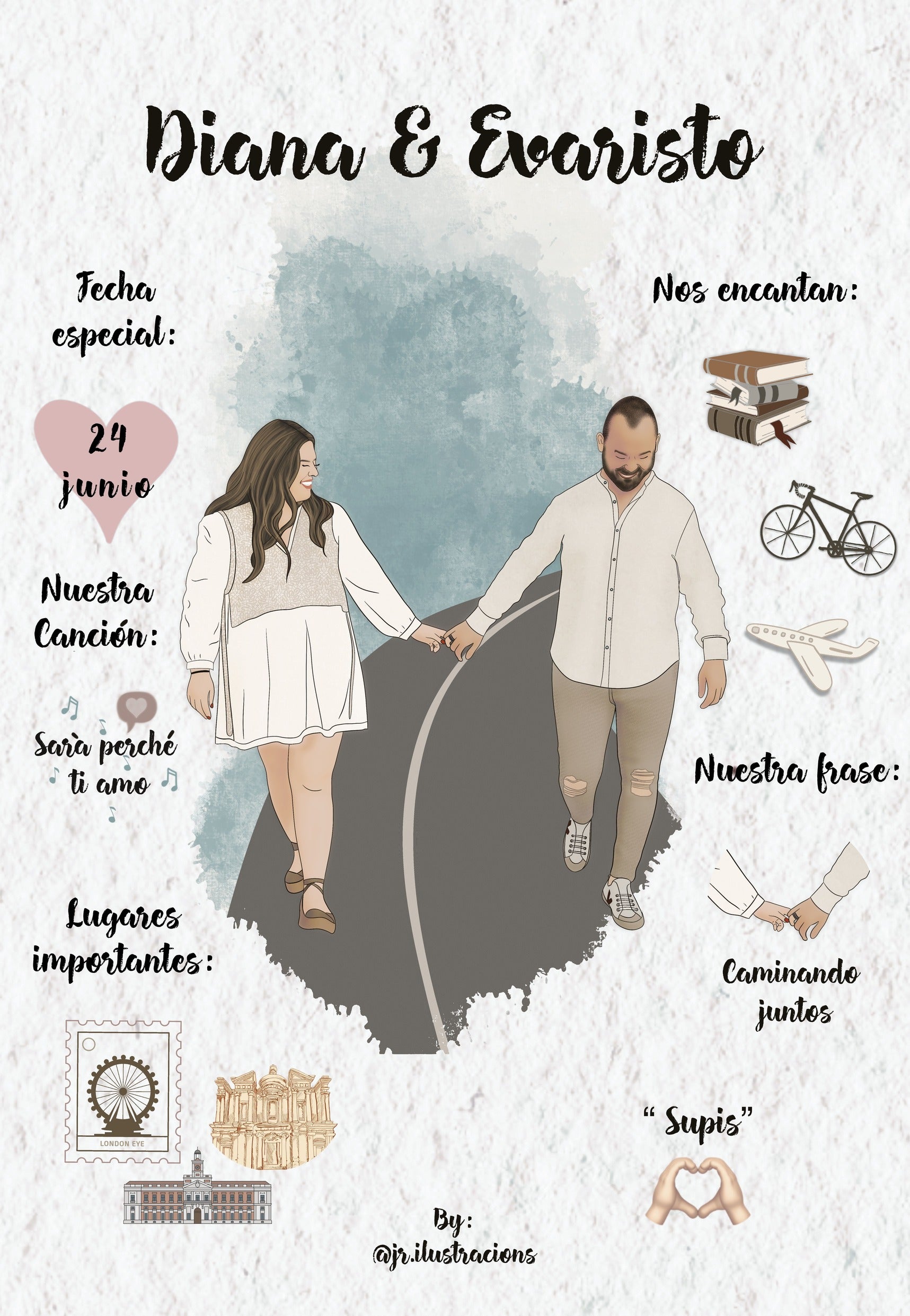 Póster digital personalizado de historia de amor de montaña con fechas e iconos de aficiones.