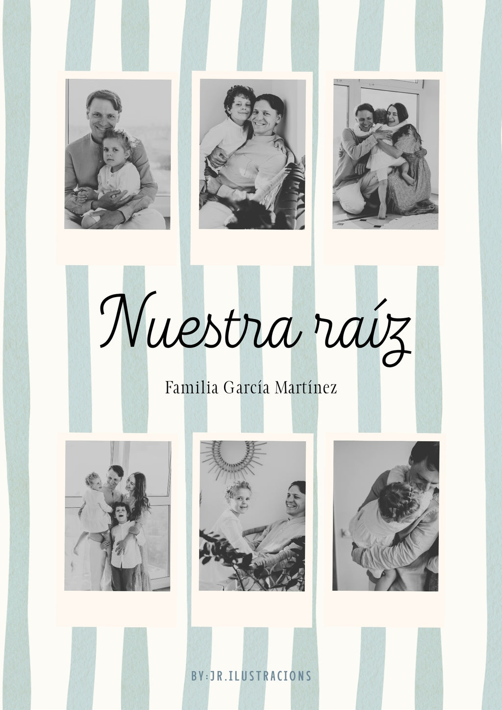 Diseño de póster familiar personalizado con fondo de rayas azules y seis fotografías estilo vintage.