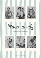 Diseño de póster familiar personalizado con fondo de rayas azules y seis fotografías estilo vintage.