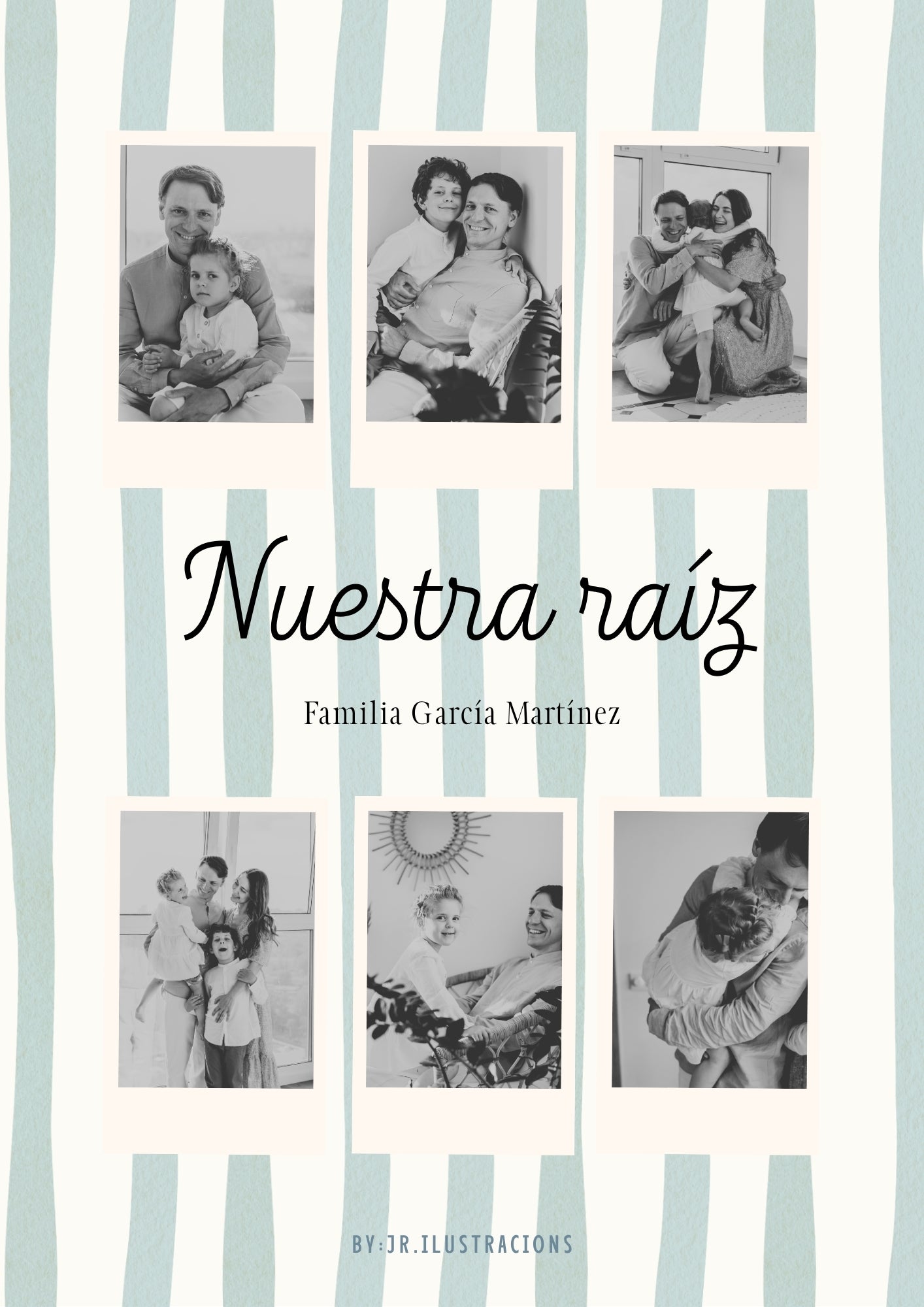 Diseño de póster familiar personalizado con fondo de rayas azules y seis fotografías estilo vintage.