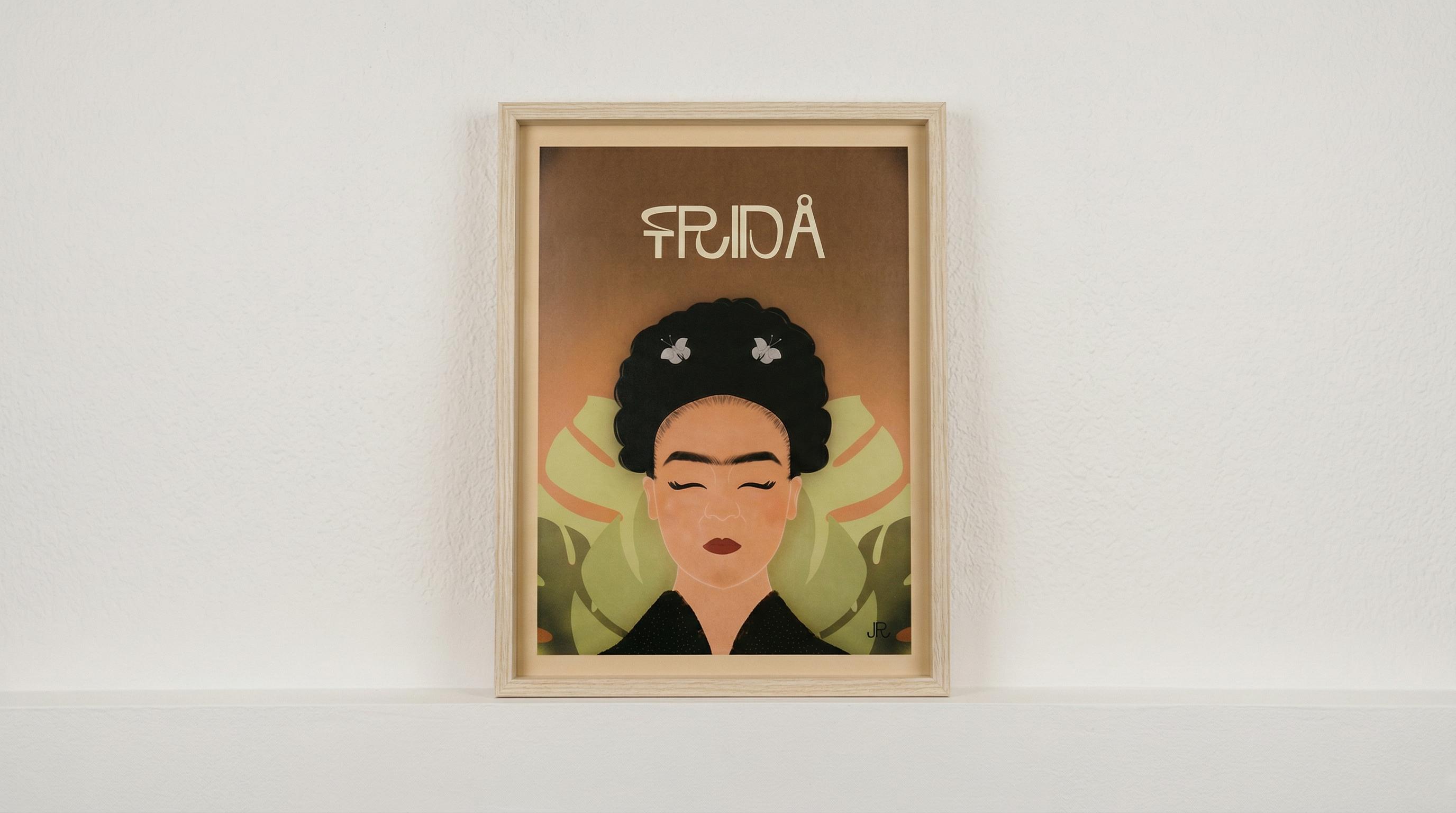 Póster de Frida Kahlo con diseño pop de hojas tropicales para decoración del hogar de JR.Ilustracions.