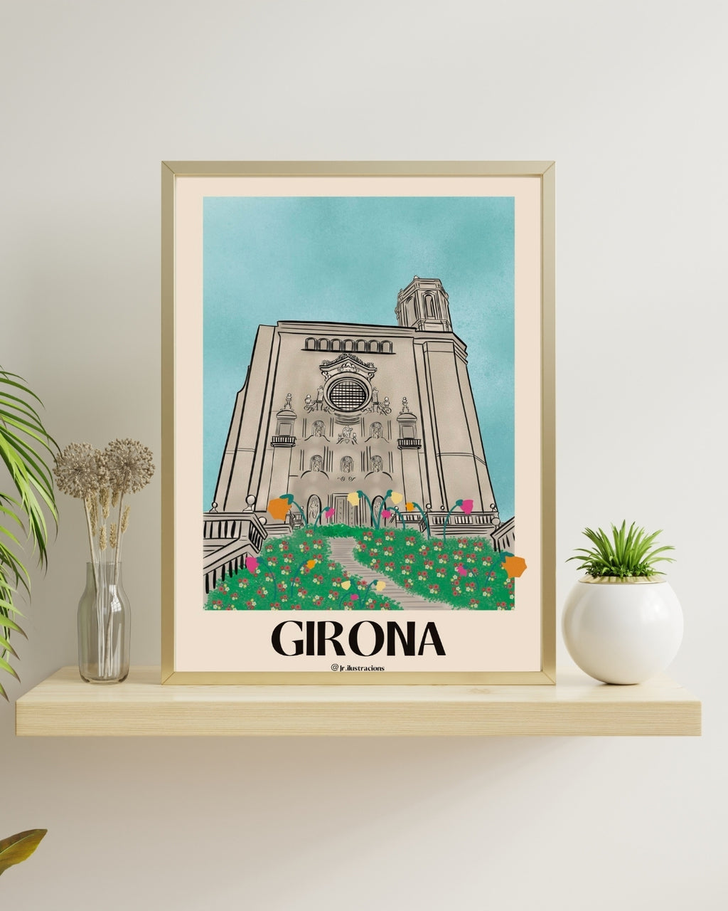 Póster de Girona ilustrado ideal para decoración de interiores nórdica y moderna de JR.Ilustracions.
