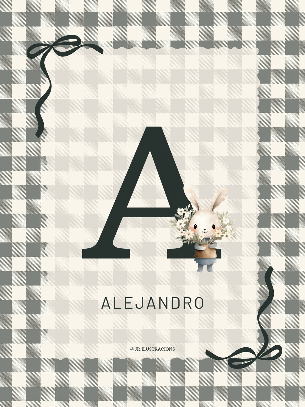 Póster infantil personalizado con la inicial A de Alejandro y conejito tierno para habitación de niño.