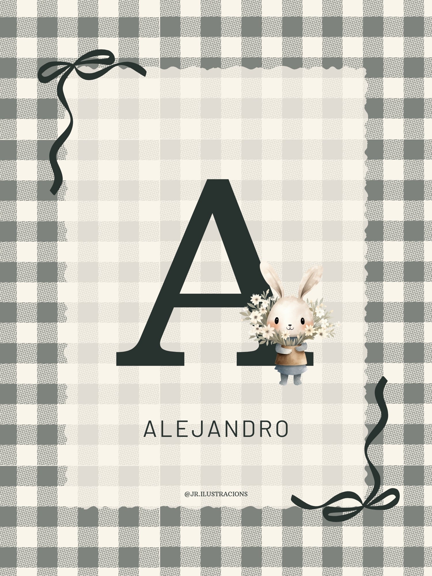 Póster infantil personalizado con la inicial A de Alejandro y conejito tierno para habitación de niño.
