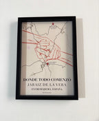 Póster de mapa de ciudad personalizado con calles y rutas de un viaje especial.