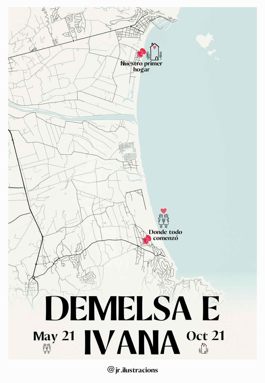 Póster de mapa de playa y zona costera personalizado con nombres de JR.Ilustracions.