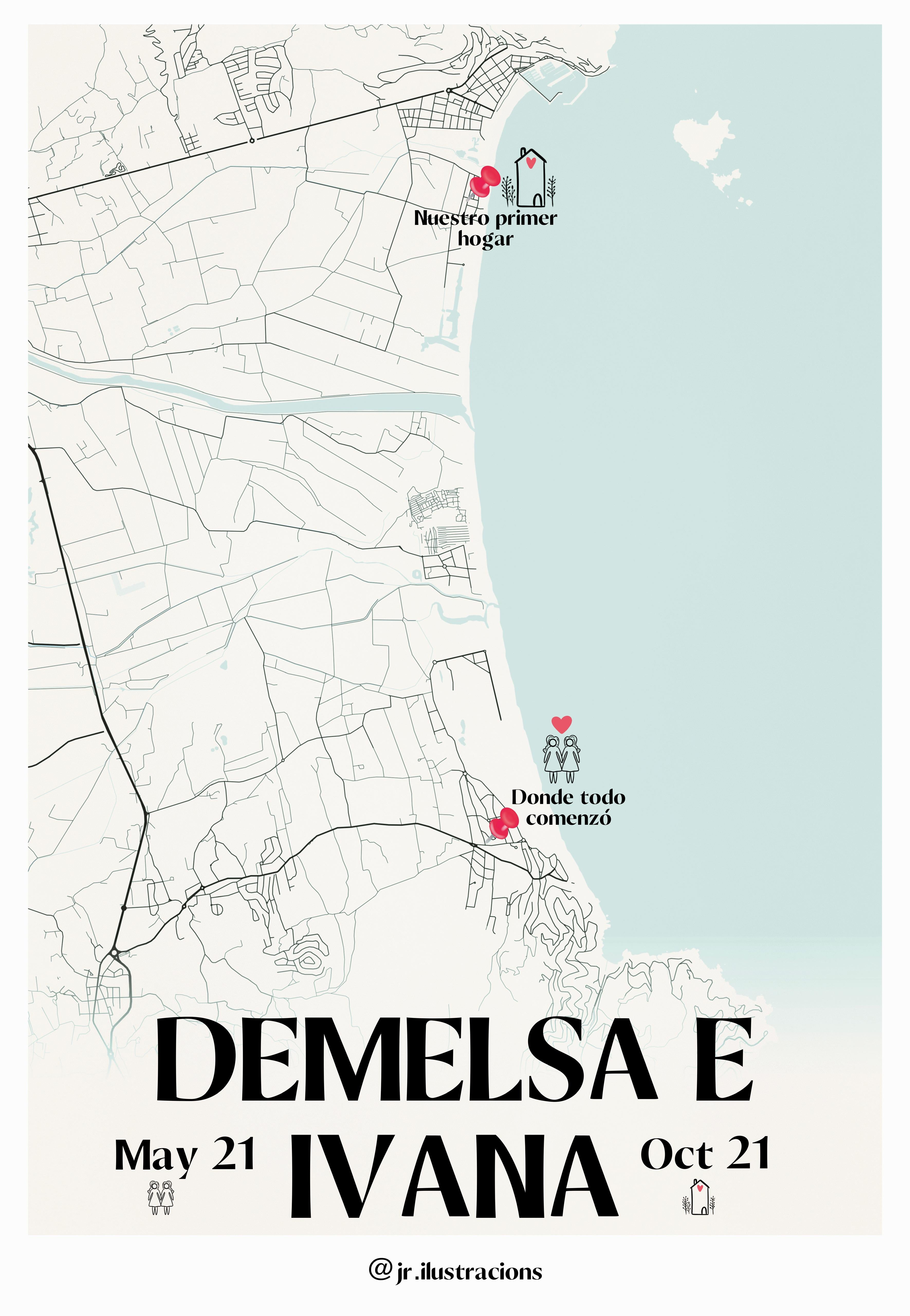 Póster de mapa de playa y zona costera personalizado con nombres de JR.Ilustracions.