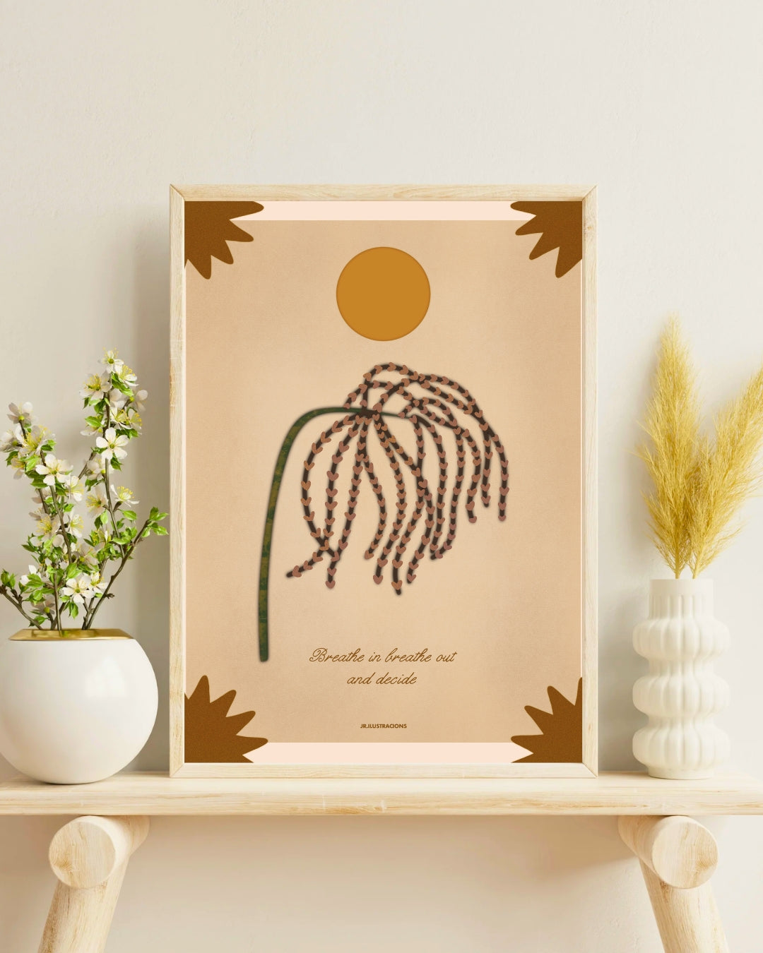 Póster motivacional minimalista ideal para crear un rincón de relajación o meditación en casa.